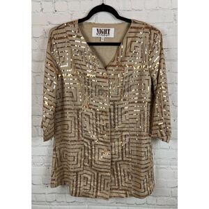 NIGHT STUDIO LINEN beige linen sequins 3/4 sleeve blazer jacket blouse tunic 8